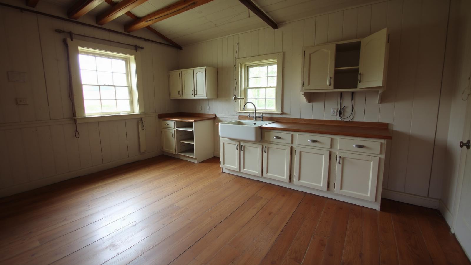 Older farmhouse kitchen with wide-plank floor, painted cabinets and a deep sink under the window
