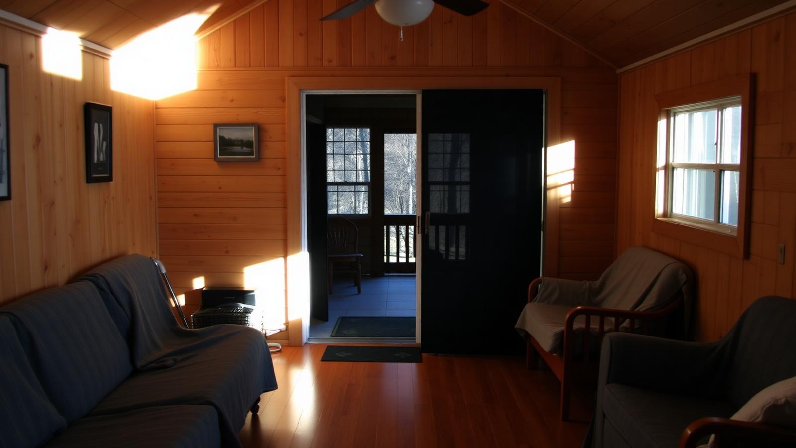 Lakeside cottage interior with pine board walls being opened for the season