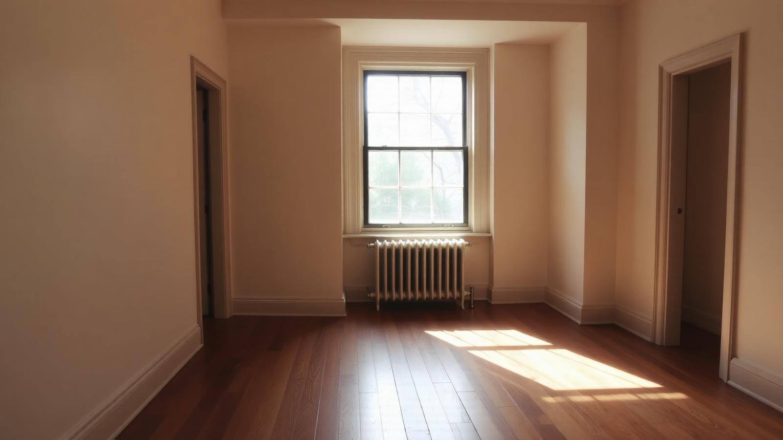 Empty pre-war apartment with original hardwood floor, plaster walls and a radiator under a sash window