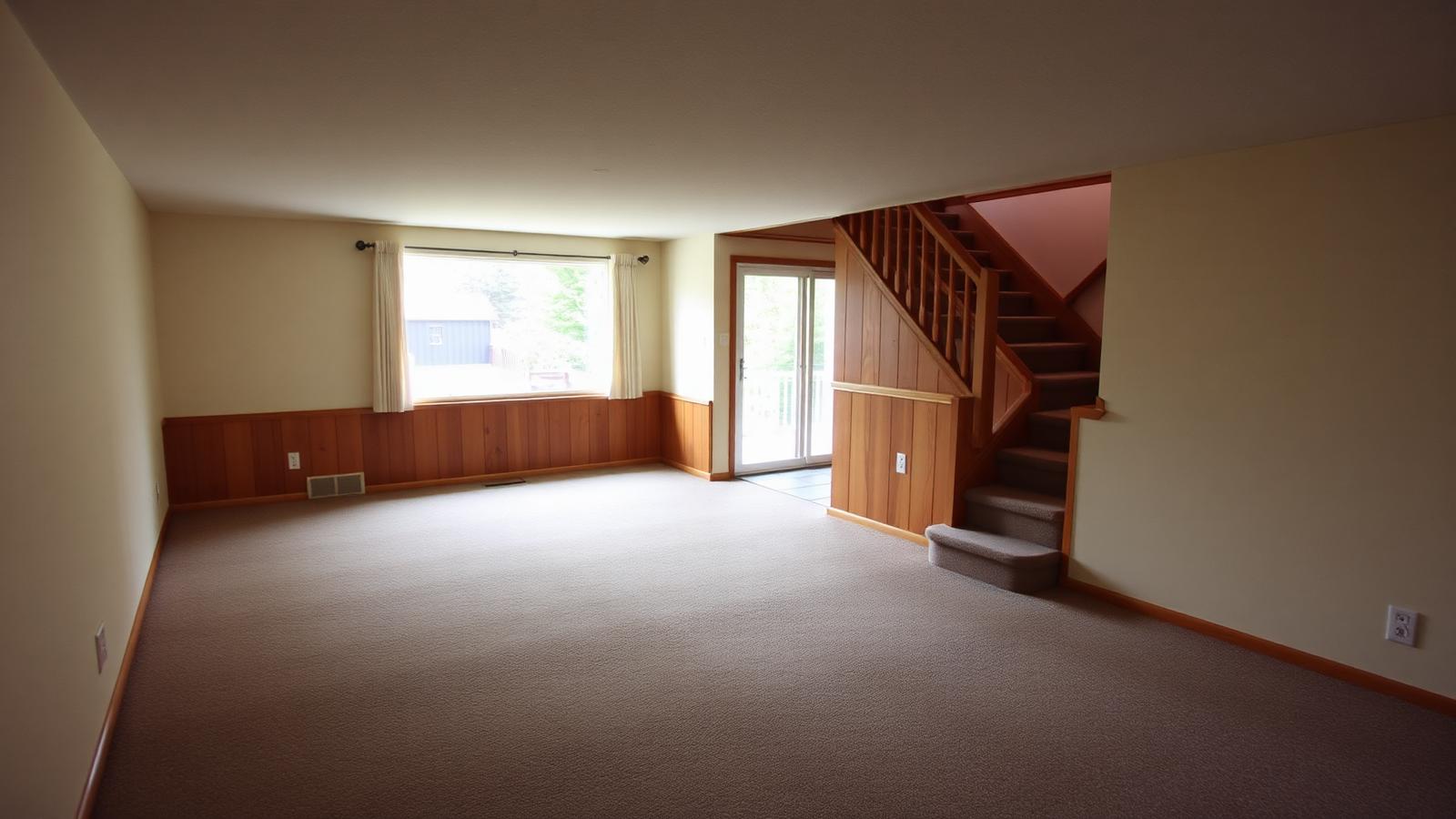 Clean carpeted lower-level family room in a split-level home with sliding door to the yard