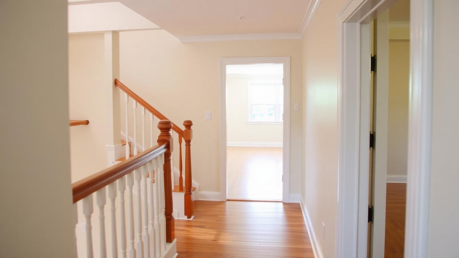 Bright suburban house hallway with wooden staircase and clean hardwood floor