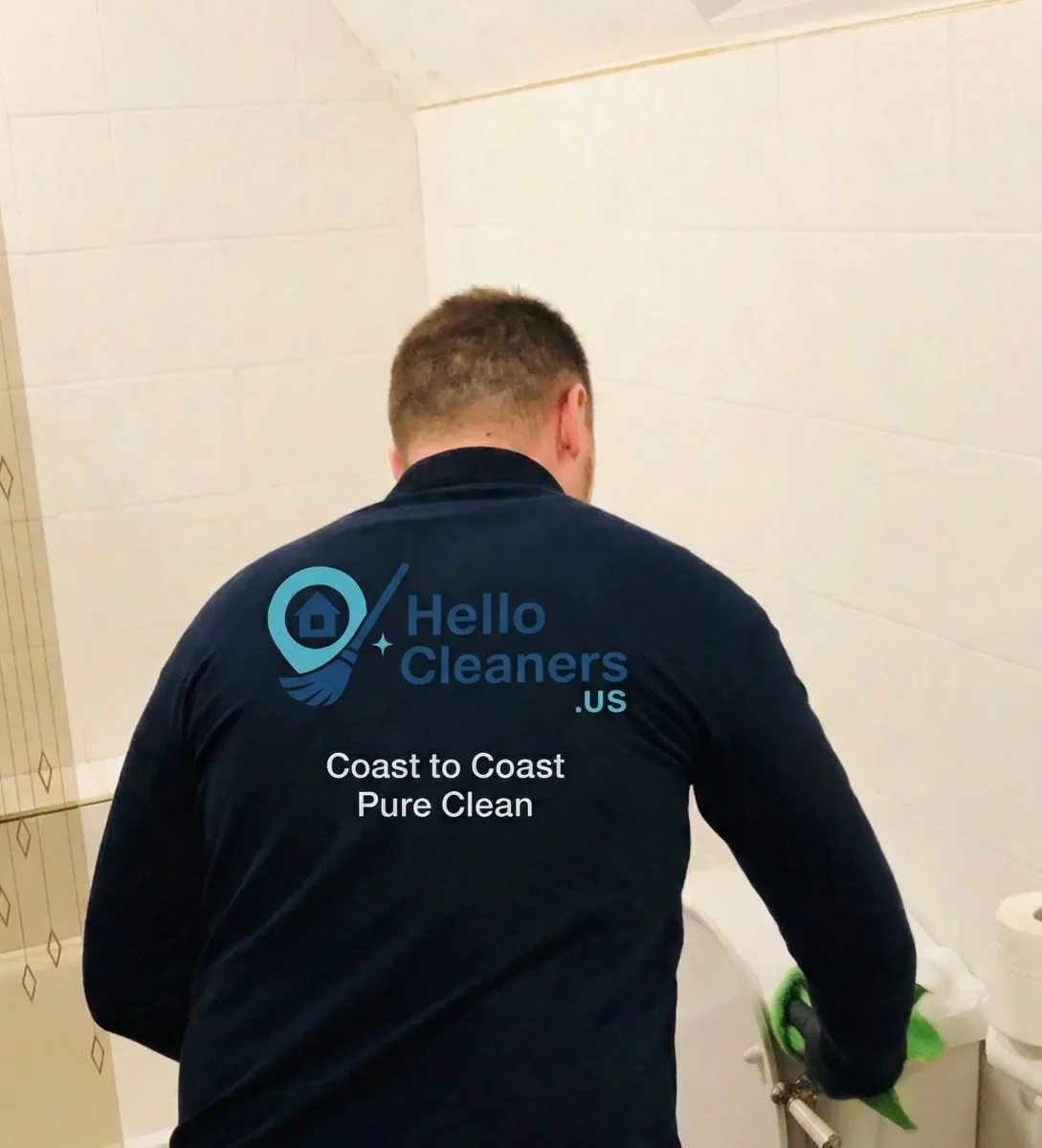 Hello Cleaners cleaner scrubbing a bathtub