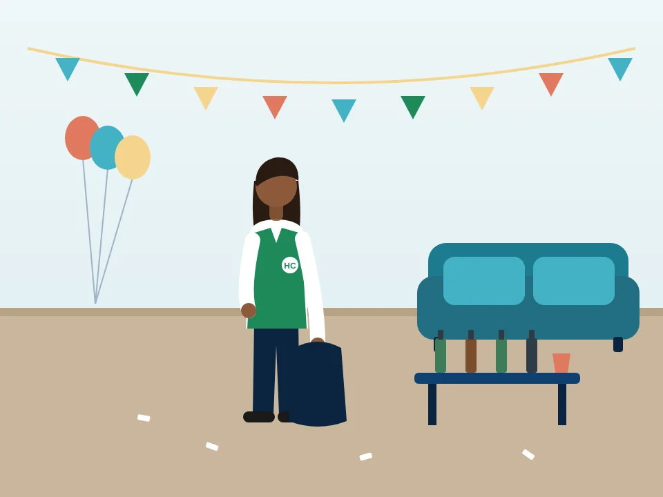 Illustration of after-party cleaning: clearing bottles and trash the morning after in Greenburgh, New York