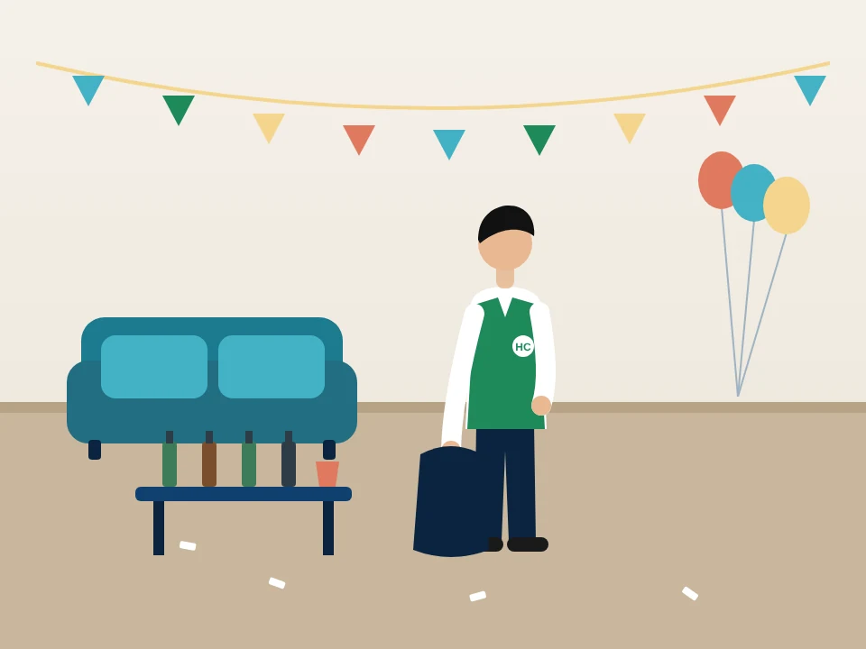 Illustration of after-party cleaning: clearing bottles and trash the morning after in Far Rockaway, New York