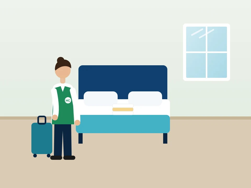 Illustration of an Airbnb turnover: making the bed with fresh linen and towels in Far Rockaway, New York