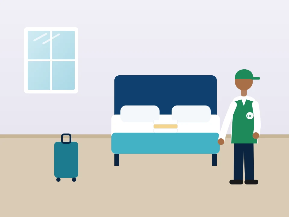 Illustration of an Airbnb turnover: making the bed with fresh linen and towels in Staten Island, New York