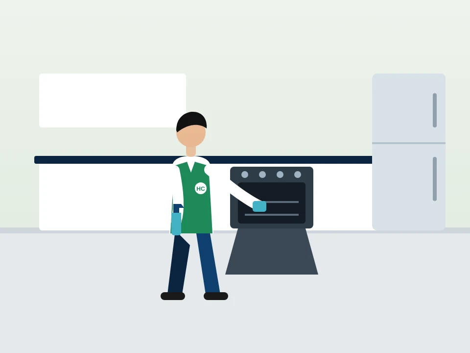 Illustration of appliance cleaning: wiping inside an oven in a bright kitchen in Edgemere, New York