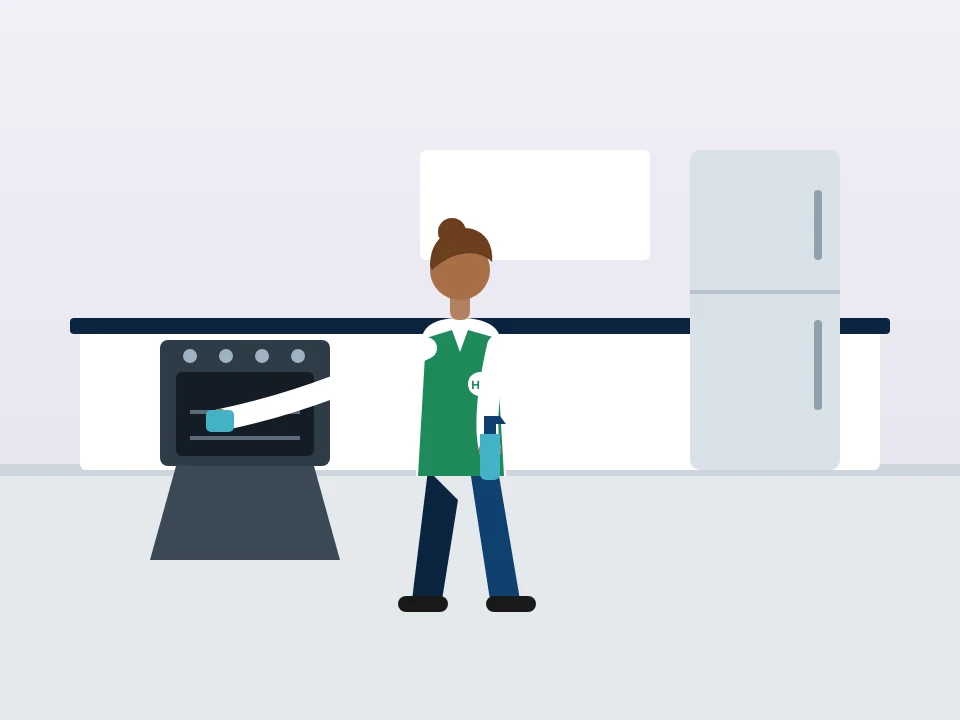 Illustration of appliance cleaning: wiping inside an oven in a bright kitchen in Staten Island, New York