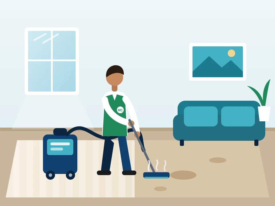 Illustration of a cleaner using a hot-water extraction machine on a living room carpet in Monticello, Georgia