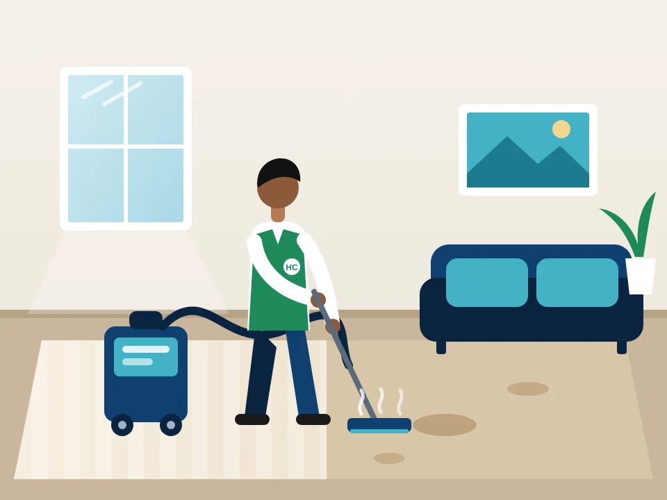 Illustration of a cleaner using a hot-water extraction machine on a living room carpet in Georgia