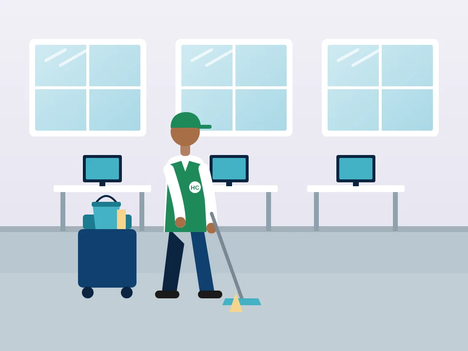 Illustration of commercial office cleaning with a janitorial cart and mop in Hempstead Village, New York