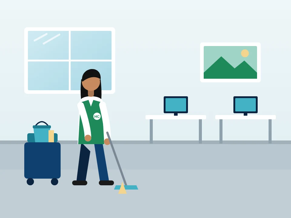 Illustration of commercial office cleaning with a janitorial cart and mop in White Plains, New York