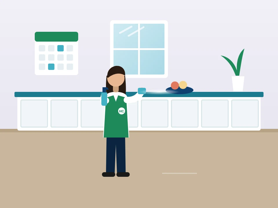Illustration of a regular housekeeping visit: wiping kitchen counters in Far Rockaway, New York