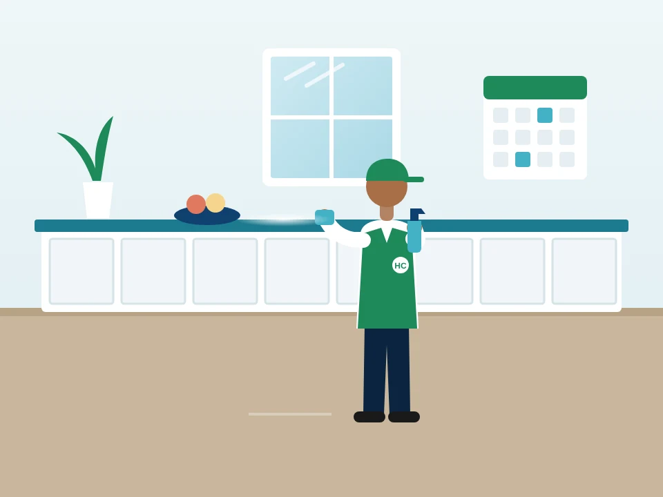 Illustration of a regular housekeeping visit: wiping kitchen counters in Mott Haven & Port Morris, New York