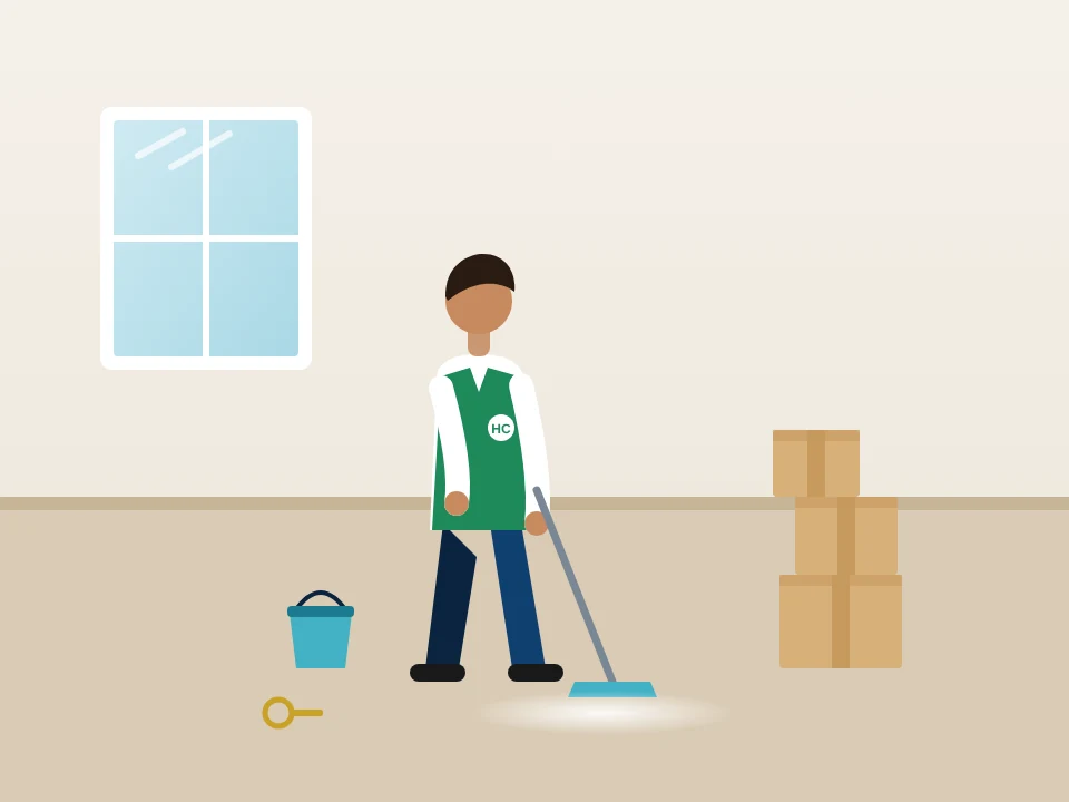 Illustration of a move-out clean in an empty room with moving boxes in Concourse & Highbridge, New York