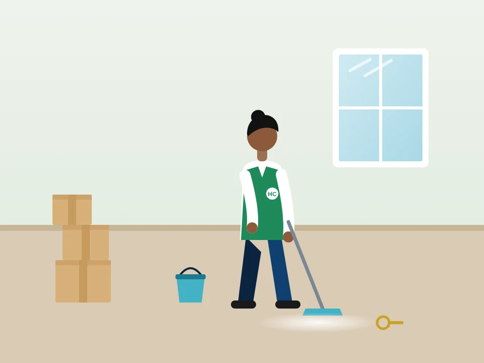 Illustration of a move-out clean in an empty room with moving boxes in White Plains, New York