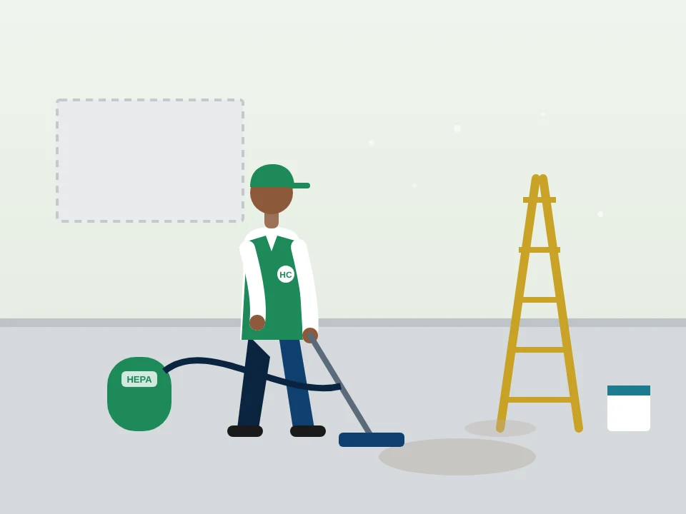 Illustration of post-construction cleaning with a HEPA vacuum after a renovation in Queens, New York