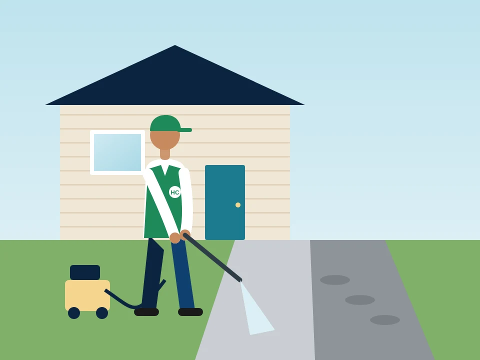 Illustration of pressure washing a driveway in front of a house in Greenburgh, New York