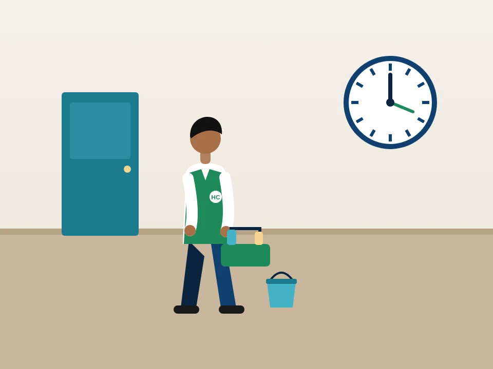 Illustration of a same-day clean: a cleaner arriving with supplies in Greenburgh, New York