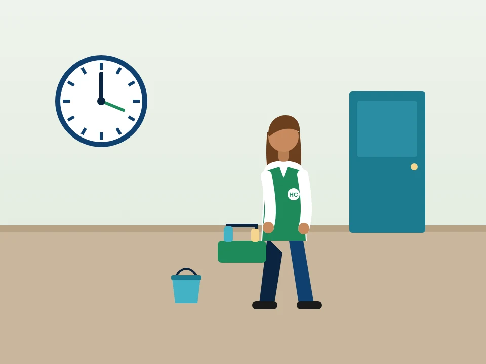 Illustration of a same-day clean: a cleaner arriving with supplies in Hempstead Village, New York