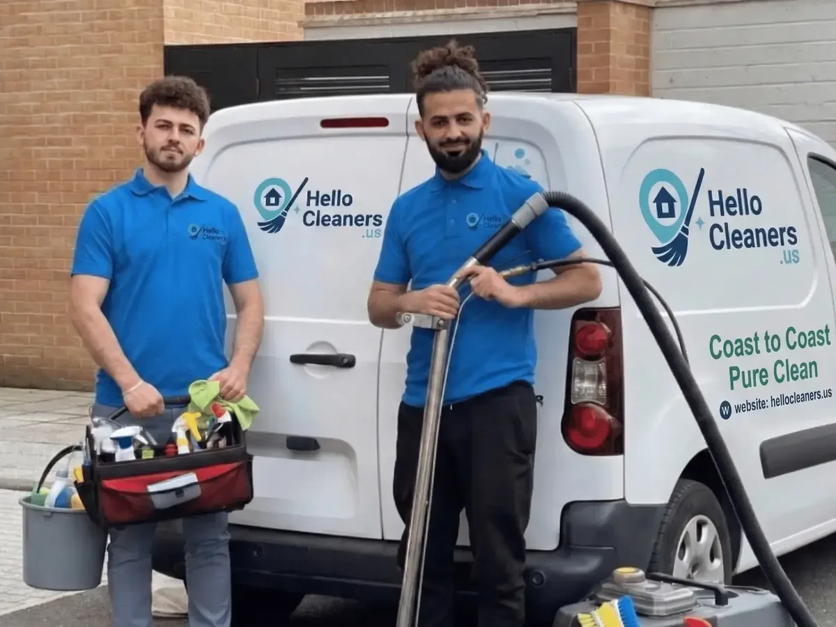 Hello Cleaners team with a branded van and equipment