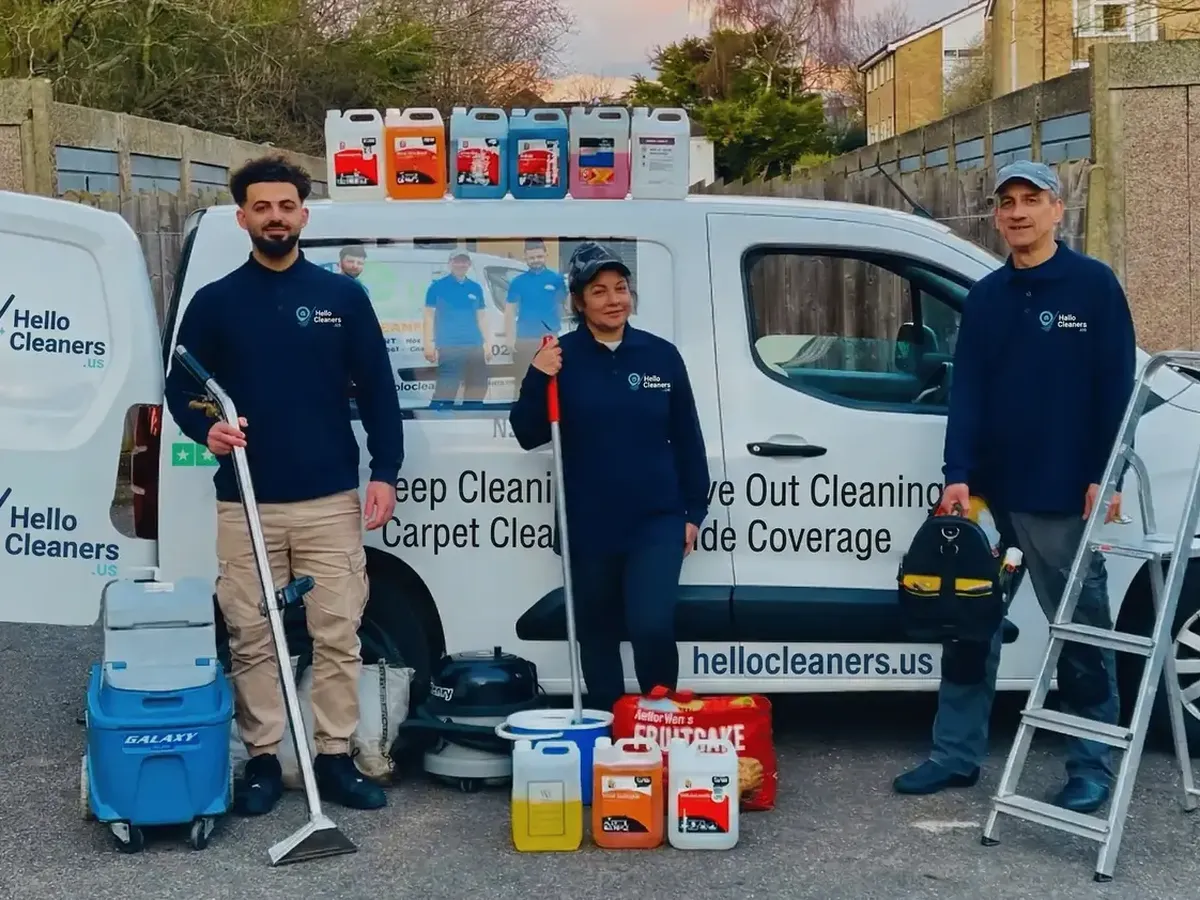 Hello Cleaners team with a branded van and professional cleaning equipment