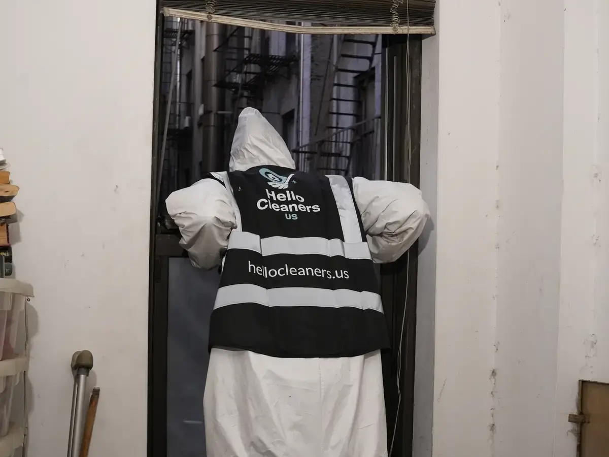 Hello Cleaners crew in branded hi-vis vests and protective suits during a heavy-duty clean-out