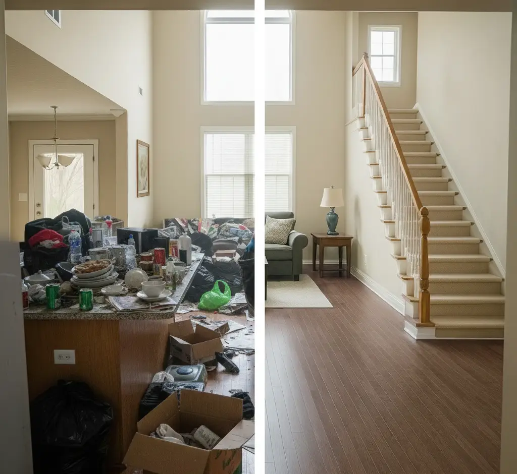 Before and after a hoarder house cleaning by Hello Cleaners — cluttered room transformed into a neat, livable space
