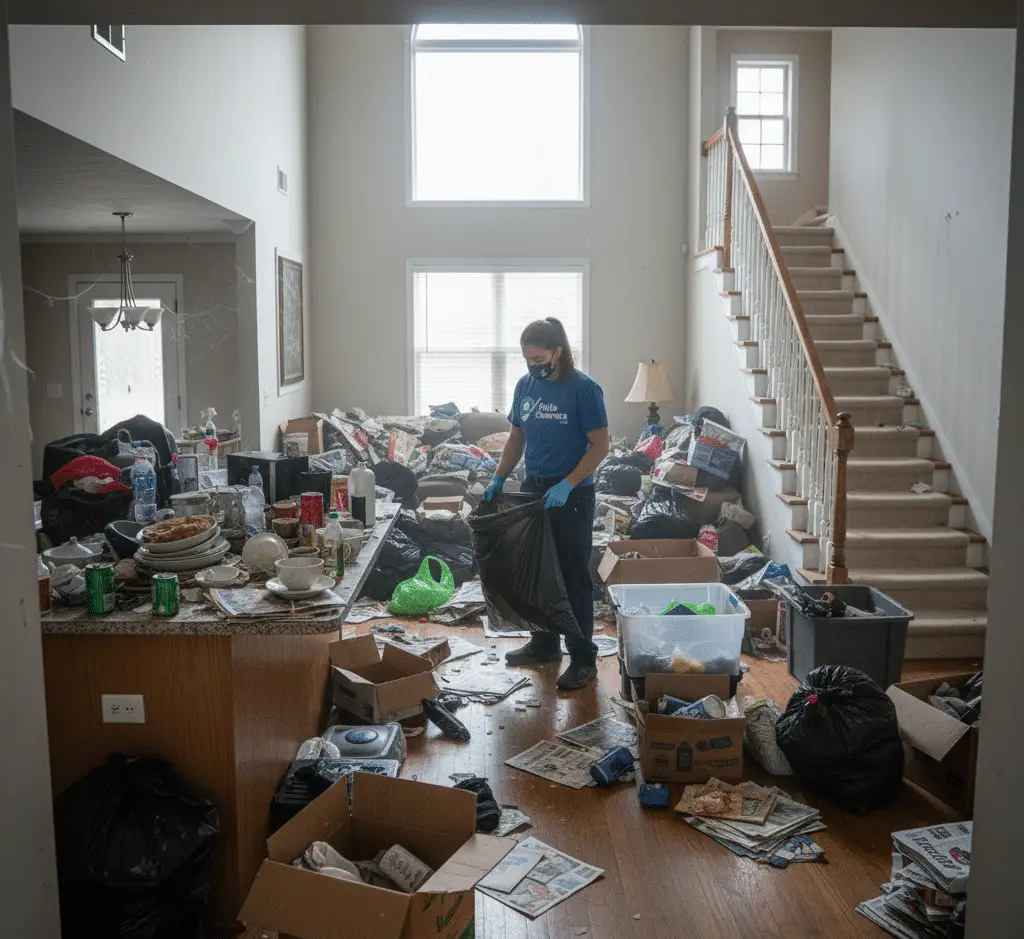Heavily cluttered space before a deep hoarder clean