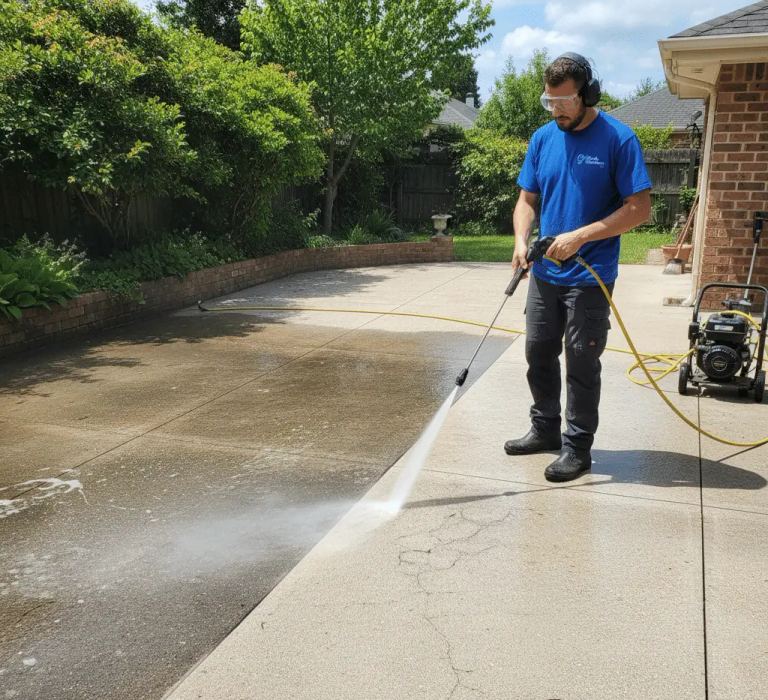 Operator pressure washing a hard surface