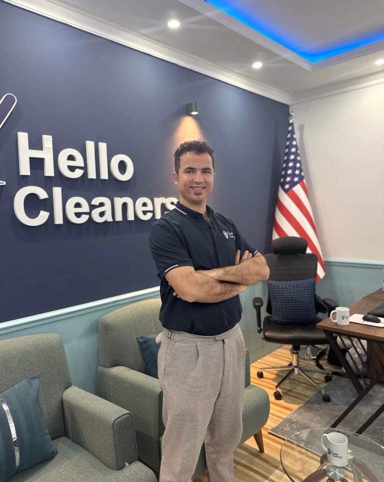 Hello Cleaners team member standing in the company office