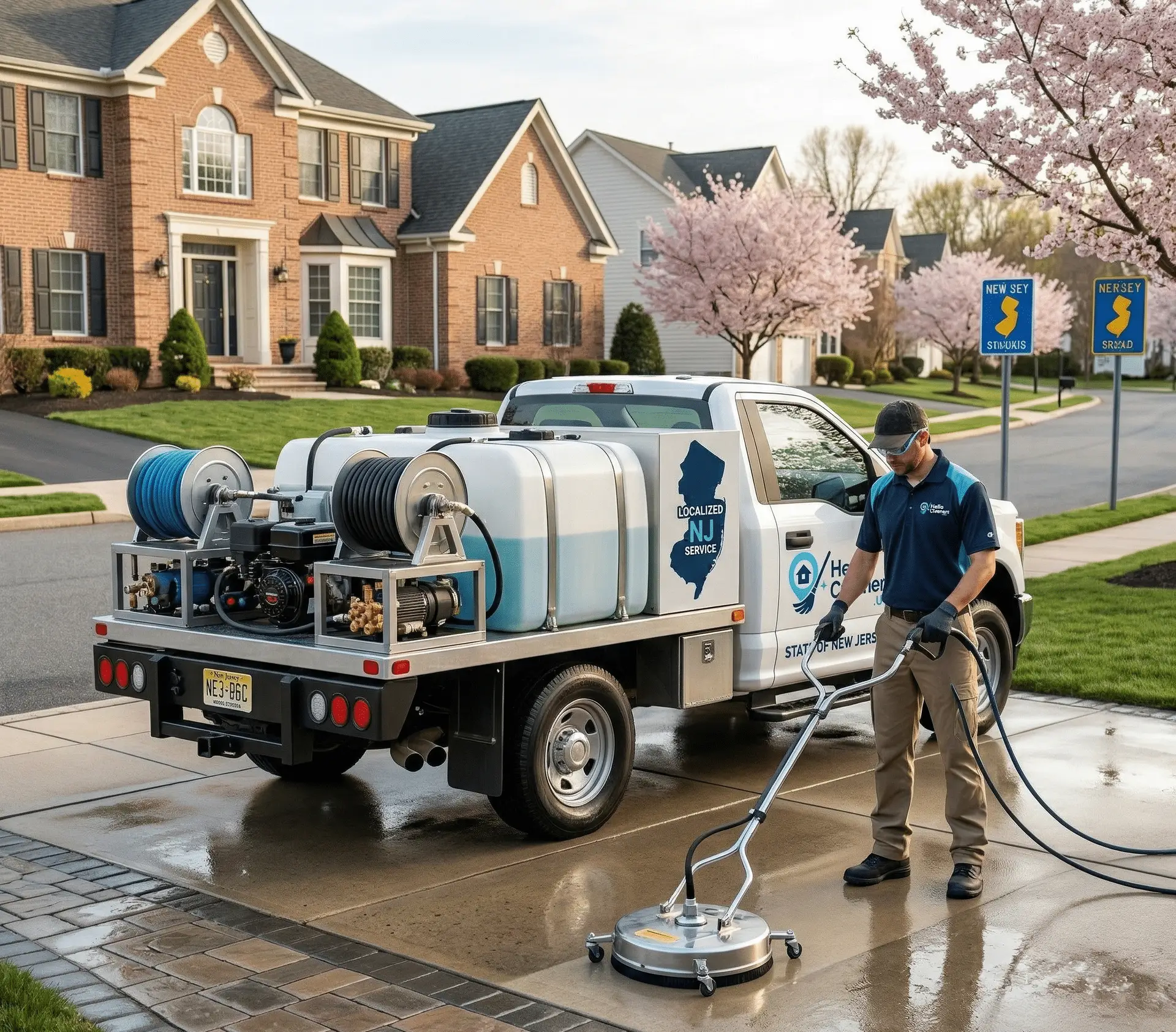 Professional pressure washing a driveway in Southampton Township