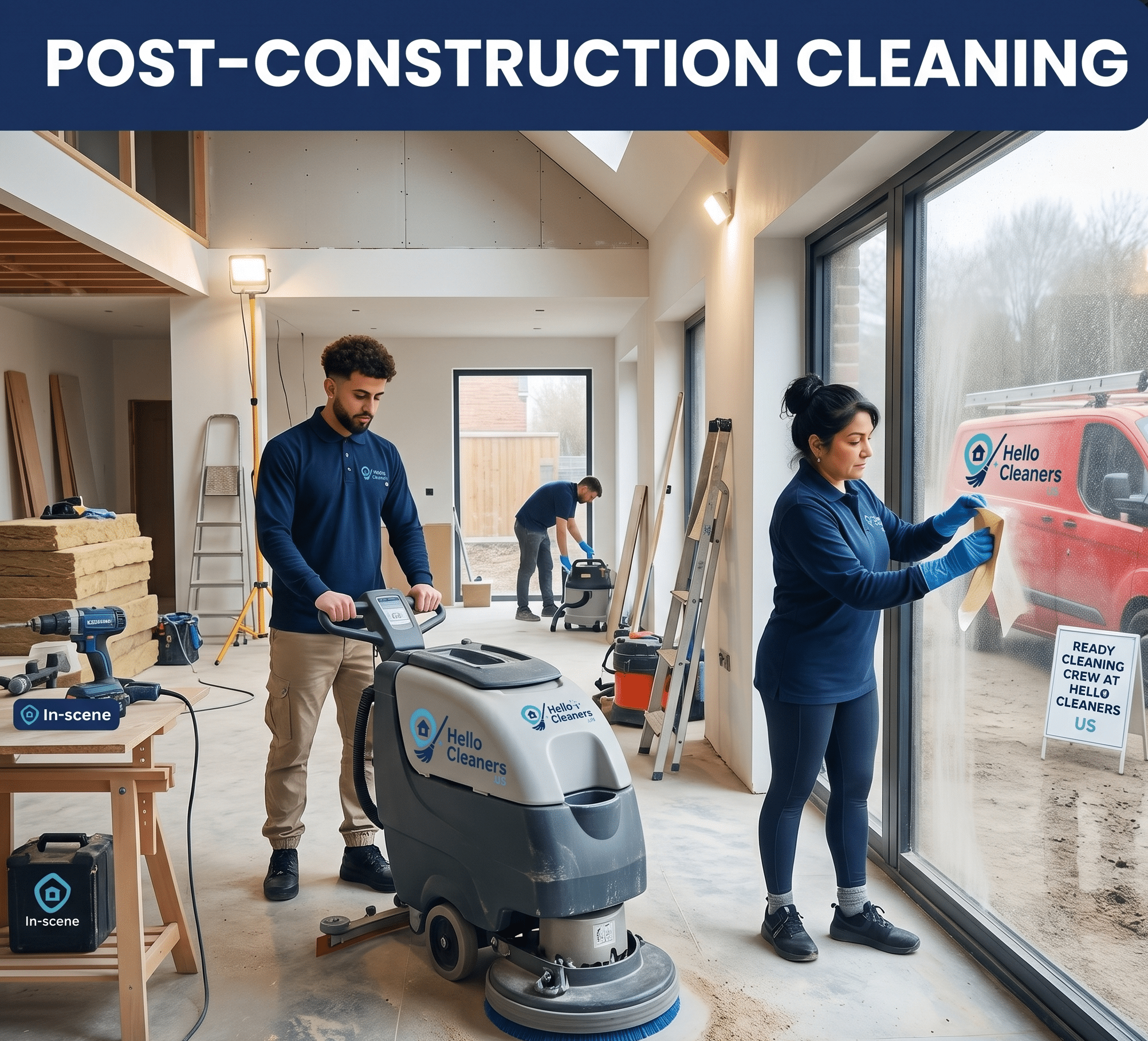 Post-construction cleaning crew removing drywall dust in a Madison, NJ property